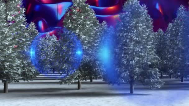 Decoraciones Bauble Azul Colgando Sobre Múltiples Árboles Paisaje Invierno Contra — Vídeos de Stock