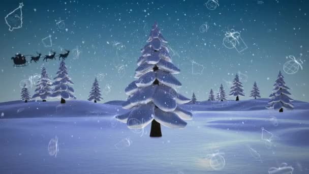 Animación Santa Claus Trineo Con Renos Sobre Nieve Decoraciones Cayendo — Vídeos de Stock