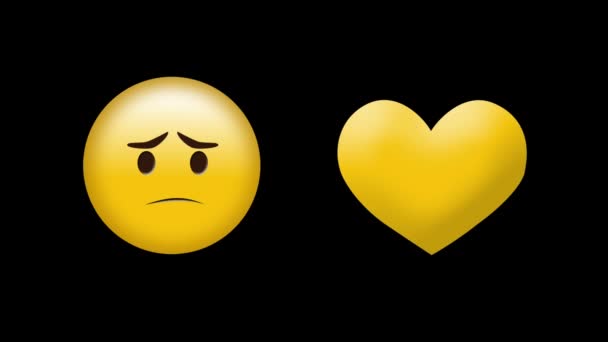 Animação Coração Emoji Emoticon Ícones Tristes Fundo Preto Conceito Global — Vídeo de Stock