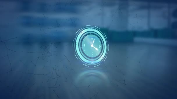 파란색 시계와 별자리를 움직이는 애니메이션 비즈니스 디지털 인터페이스 디지털 비디오 — 비디오