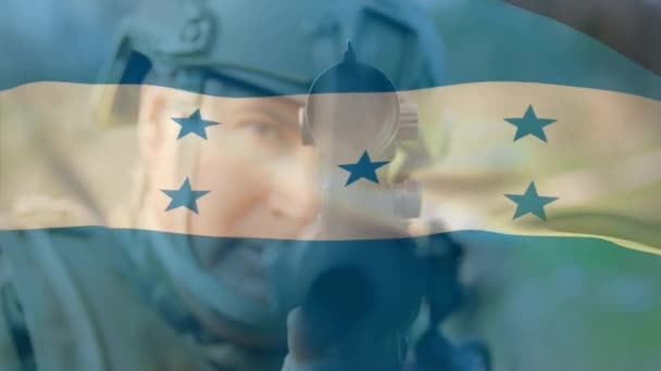 Animação Bandeira Honduras Sobre Soldado Com Arma Patriotismo Global Forças — Vídeo de Stock