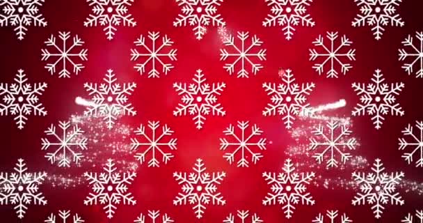 Hópehely Ikonok Zökkenőmentes Minta Ellen Két Karácsonyfa Piros Alapon Karácsonyi — Stock videók