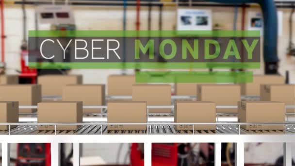 Animation Des Cyber Monday Verkaufstextes Über Pappkartons Auf Förderbändern Globales — Stockvideo