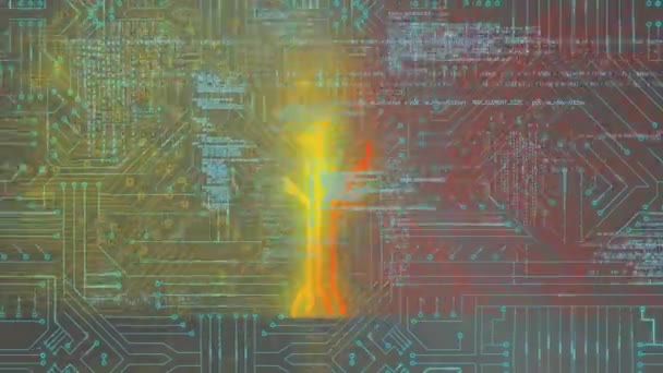 集積回路上の木とデータ処理のアニメーション コンピュータ グローバルネットワーク データ処理 デジタルインターフェースの概念がデジタルで生成されたビデオ — ストック動画