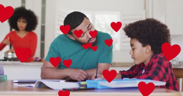 Animation Social Media Heart Icons Smiling Biracial Man Son Doing — Stock Video