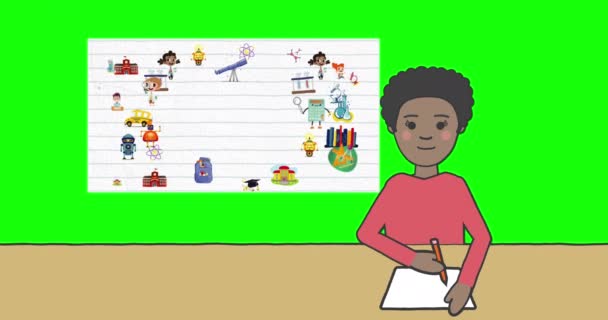 Animation Einer Schülerin Die Notizen Über Symbole Von Schulgegenständen Auf — Stockvideo