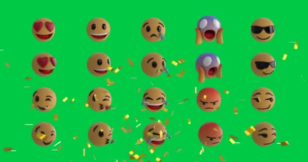 Κινούμενα Σχέδια Κομφετί Που Πέφτουν Πάνω Από Σειρές Εικονιδίων Emoji — Αρχείο Βίντεο