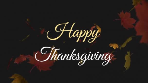 Happy Thanksgiving Text Multiple Maple Leaves Falling Black Background Thanksgiving — Stock Video