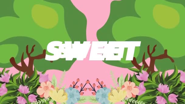 Animation Von Süßem Text Über Bäumen Und Blumen Social Media — Stockvideo