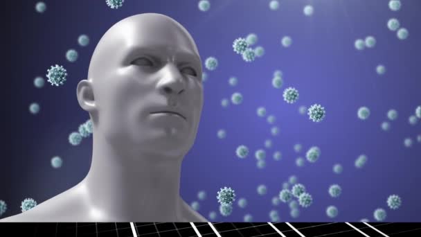 Анімація Людської Голови Над Декількома Вірусними Клітинами Плавають Синьому Фоні — стокове відео
