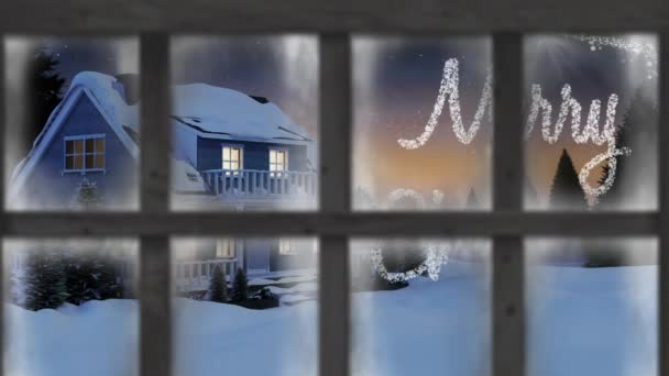 Ablak Keret Ellen Boldog Karácsonyi Szöveg Alá Ház Téli Táj — Stock videók