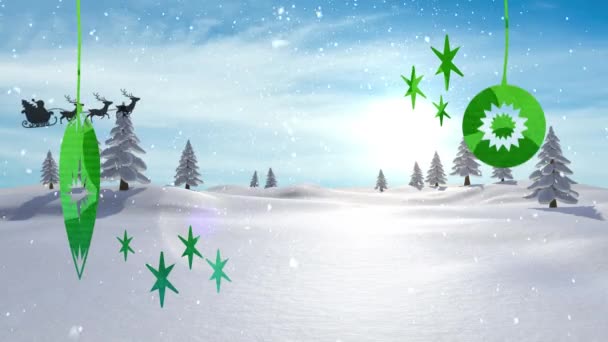 冬の風景の上にトナカイとそりでサンタクラスの上に赤ちゃんと2021テキストのアニメーション クリスマス お祝いのコンセプトをデジタルで — ストック動画