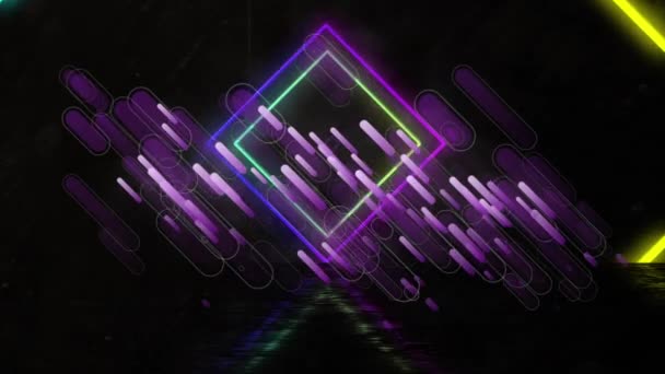 黒い背景にネオンの正方形の上に紫色の形のアニメーション カラー 撮影の概念をデジタルで生成し — ストック動画