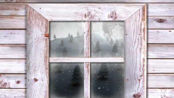 Holzfensterrahmen Gegen Schnee Der Über Mehrere Bäume Der Winterlandschaft Fällt — Stockvideo