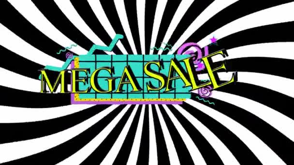 Animation Mega Sale Text Colourful Geometric Shapes Radiating Black White — Stock Video