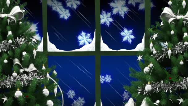 Two Christmas Trees Window Frame Snowflakes Floating Blue Background Christmas — Stock Video