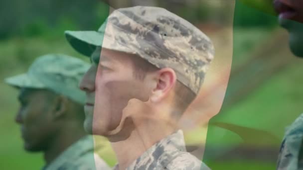 Animación Bandera Nigeria Sobre Soldados Caucásicos Ejército Defensa Pública Patriotismo — Vídeo de stock