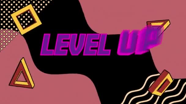 Animatie Van Level Omhoog Tekst Vormen Zwarte Achtergrond Video Game — Stockvideo