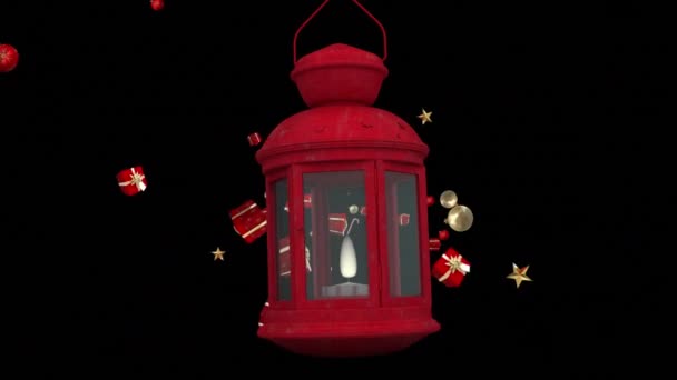 红色的圣诞灯罩在圣诞节礼物 灌木和挂在黑色背景上的糖果图标上 圣诞节的庆祝和庆祝概念 — 图库视频影像