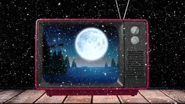 Анимация Санта Клауса Санях Северными Оленями Телевизору Рождество Выпавшим Ночью — стоковое видео