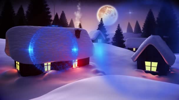 Сині Прикраси Звисають Над Будинками Деревами Зимовому Пейзажі Проти Місяця — стокове відео