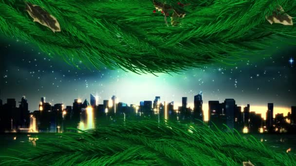 Рождественское Венок Украшение Против Санта Клауса Санях Тянут Олени Над — стоковое видео