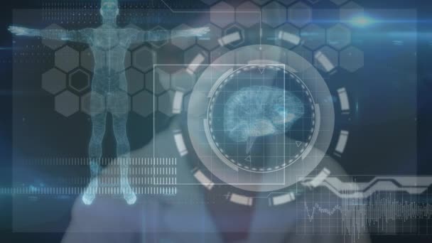 Ärztin Berührt Futuristischen Bildschirm Mit Medizinischer Datenverarbeitung Medizinischer Forschung Und — Stockvideo