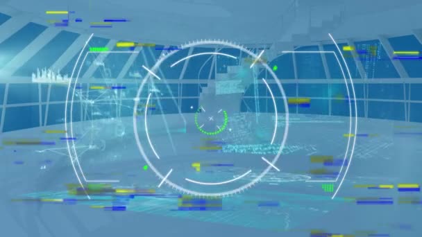 Анімація Радарів Різноманітна Обробка Даних Офісному Фоні Бізнес Цифровий Інтерфейс — стокове відео