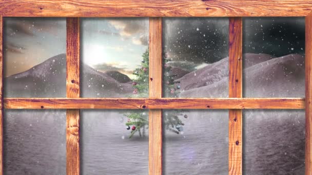 Κινούμενα Σχέδια Της Πτώσης Χιονιού Και Χριστουγεννιάτικο Δέντρο Χειμερινό Τοπίο — Αρχείο Βίντεο