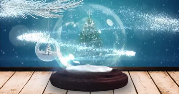 Animation Snow Falling Glowing Spots Snow Globe Tree Blue Background — Stock Video