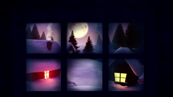 Kızaklı Noel Baba Karşı Pencere Çerçevesi Kışın Ren Geyikleri Tarafından — Stok video