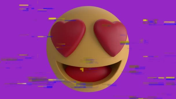 Animazione Cuori Emoji Sopra Rumore Schermo Sfondo Viola Social Media — Video Stock