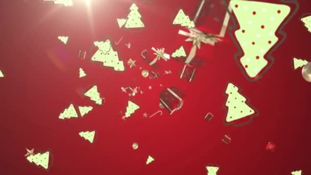 Mehrere Weihnachtssymbole Fallen Gegen Lichtpunkte Auf Rotem Hintergrund Weihnachtsfeier Und — Stockvideo