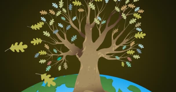 在地球上的树叶和树木的动画 可持续性 可再生能源 全球变暖和气候变化意识 — 图库视频影像