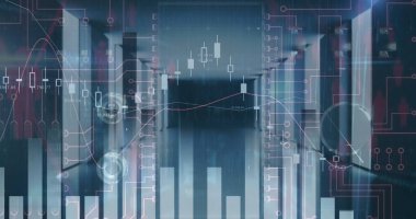 Boş sunucu odasına karşı finansal veri işlemenin dijital görüntüsü. küresel finans ve iş kavramı