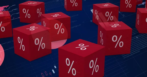 Image of red cubes with per cent sign over graphs and statistics. digitalinterface global finance and business concept digitally generated image.