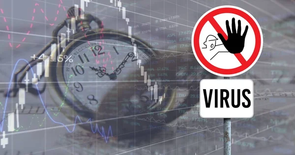 Imagen Grabación Datos Financieros Reloj Vintage Con Señal Virus Stop — Foto de Stock