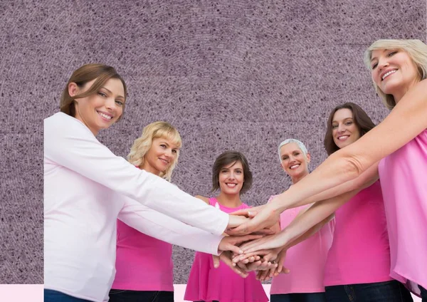 Retrato Grupo Mujeres Que Apilan Las Manos Contra Fondo Gris — Foto de Stock