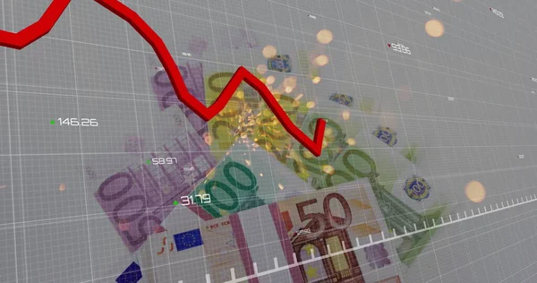 赤いグラフは 火災の火花に対するユーロ紙幣に対してグリッドネットワーク上を移動します 金融と経済の概念 — ストック写真