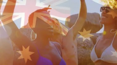 Sahilde eğlenen bir grup arkadaş üzerine Avustralya bayrağı sallamanın animasyonu. seyahat, tatiller, vatanseverlik ve dijital olarak üretilen video konsepti.