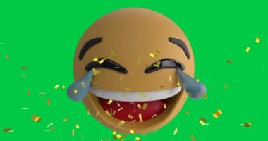 Yeşil arka plana konfetilerin düşmesi üzerine mutlu emoji ikonu animasyonu. küresel sosyal medya ve iletişim konsepti dijital olarak oluşturulmuş video.
