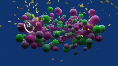 Yüzen konfeti ve koyu mavi arka plan için tebrik eden renkli balonların animasyonu. Zafer, şenlik ve kutlama konsepti dijital olarak oluşturulmuş video.