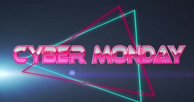 Neon üçgenler üzerinde metalik pembe harflerle Pazartesi siber metinlerinin animasyonu. çevrimiçi alışveriş, perakende ve tasarruf konsepti dijital olarak oluşturulmuş video.