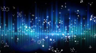 Ses eşitleyicinin üzerinde yüzen moleküllerin animasyonu. Yeni yıl partisi, dicso ve eğlence konsepti dijital olarak oluşturulmuş video.