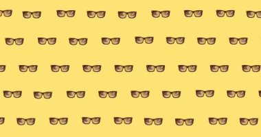 Sarı arka planda çoklu güneş gözlüğü animasyonu. parti, müzik ve eğlence konsepti dijital olarak oluşturulmuş video.