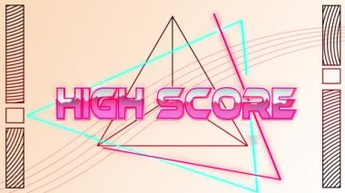 Yüksek skorlu metnin beyaz zemin üzerindeki ışık izlerinin animasyonu. Video oyunu, eğlence ve dijital arayüz kavramı dijital olarak oluşturuldu.