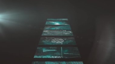 Siyah arkaplanda hareket eden ekranların animasyonu. dijital arayüz teknolojisi ve arkaplan dijital olarak oluşturulmuş video.