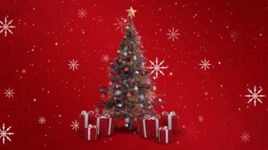 Yılbaşı ağacı ve hediyeler üzerine düşen kar tanelerinin animasyonu. Noel, gelenek ve kutlama konsepti dijital olarak oluşturuldu.