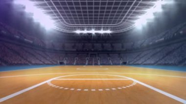 Basketbol sahasındaki stadyumun üzerine yağan kar animasyonu. spor, kış ve yarışma konsepti dijital olarak oluşturulmuş video.