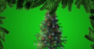 Yeşil arka planda kar yağışı ve köknar ağacı animasyonu. Noel, gelenek ve kutlama konsepti dijital olarak oluşturuldu.